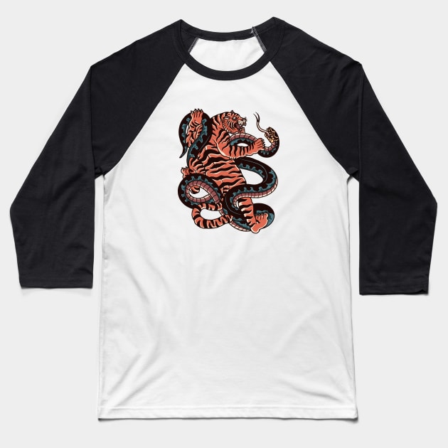 Vintage Tiger & Snake Battle Tattoo Design Baseball T-Shirt by SLAG_Creative